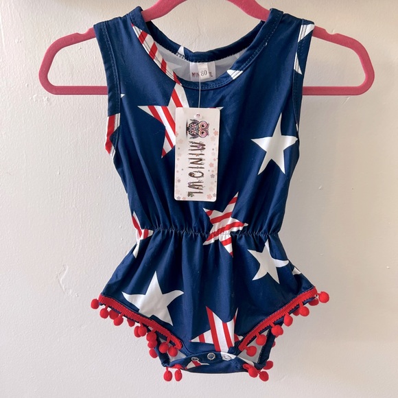 Mini Owl patriotic flag romper with pom poms, new with tags, size 80 (US 18mo) - Picture 1 of 2